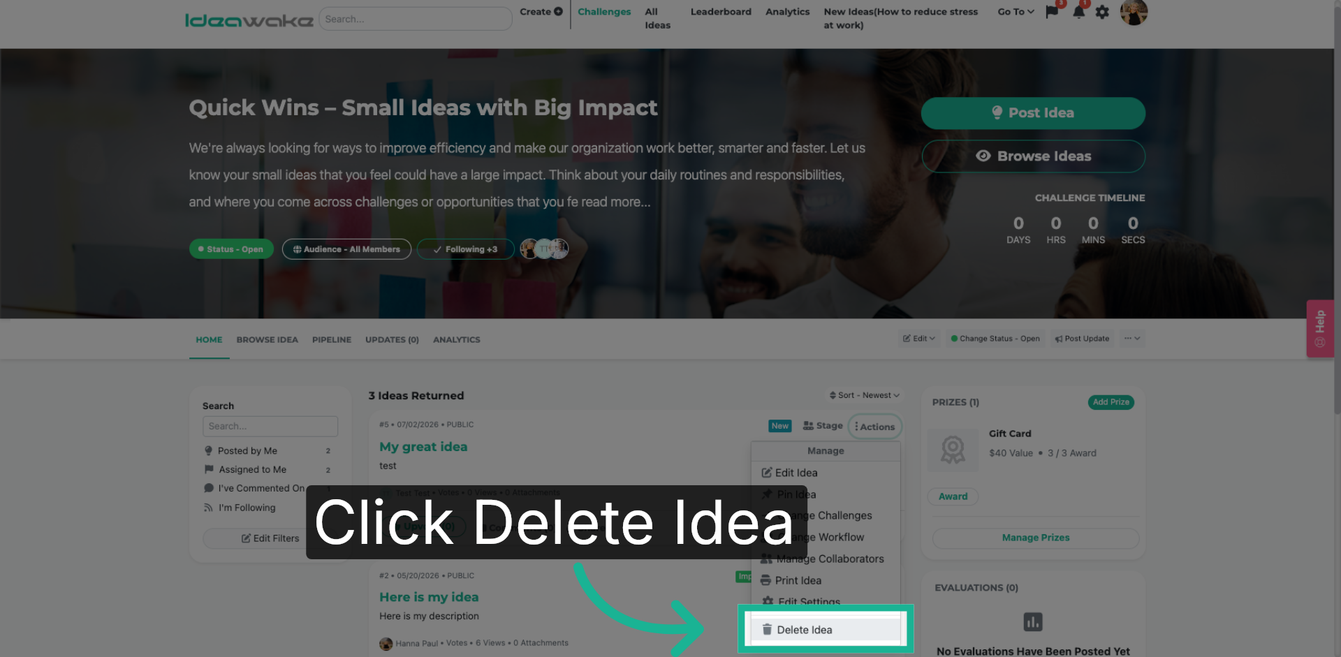 Select Delete Idea Option